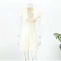 Women Solid Polka Dot Mini Dress Deep V Neck Puff Sleeve Pleated Front Button A-line Short Dresses Elegant Party 2026 Lady Gown