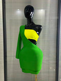 Women Sexy Dress One Shoulder Color Block Long Sleeve Bodycon Celebrity Club Birthday Evening Party Dress