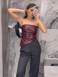 PU Leather Sexy Tube Top Pleated Waist Vest Women's Spring Fashion Solid High Street Zipper Irregular T Shirt Sleeveless