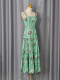 Boho Garden Parties Floral Print Maxi Sundress for Square Collar Sleeveless High Waist Slim Tiered Skirts for Casual Outings