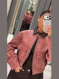 Women's Dusty Pink Corduroy Jacket Fashion Faux Leather Collar Long Sleeve Zipper Cropped Coat Lady 2026 Spring Chic Streetwear