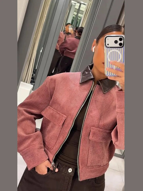 Women's Dusty Pink Corduroy Jacket Fashion Faux Leather Collar Long Sleeve Zipper Cropped Coat Lady 2026 Spring Chic Streetwear