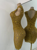 Gold Party Evening Short Dress Sparkly Diamonds Luxury Elegant Mesh See Throught Cocktail Birthday Clothing Night Club Show Wear