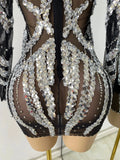 Sparkly Sequins Rhinestones Women Sexy Black Mesh See Through Long Sleeve Party Nightclub Performance Costume Stage Wear