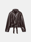 Stand Collar Faux Leather Cropped Jacket Waist Belted Button Long Sleeve Outerwear Winter New Street Women Daily Casual Outfit
