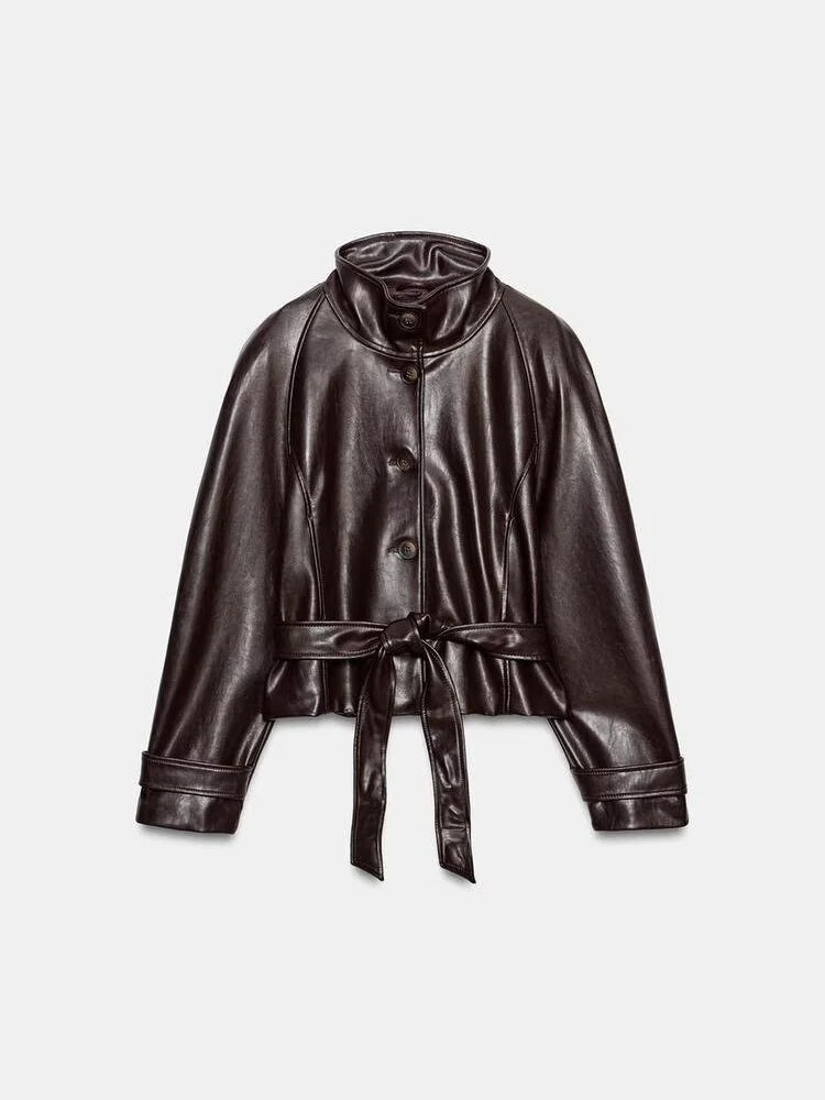 Stand Collar Faux Leather Cropped Jacket Waist Belted Button Long Sleeve Outerwear Winter New Street Women Daily Casual Outfit