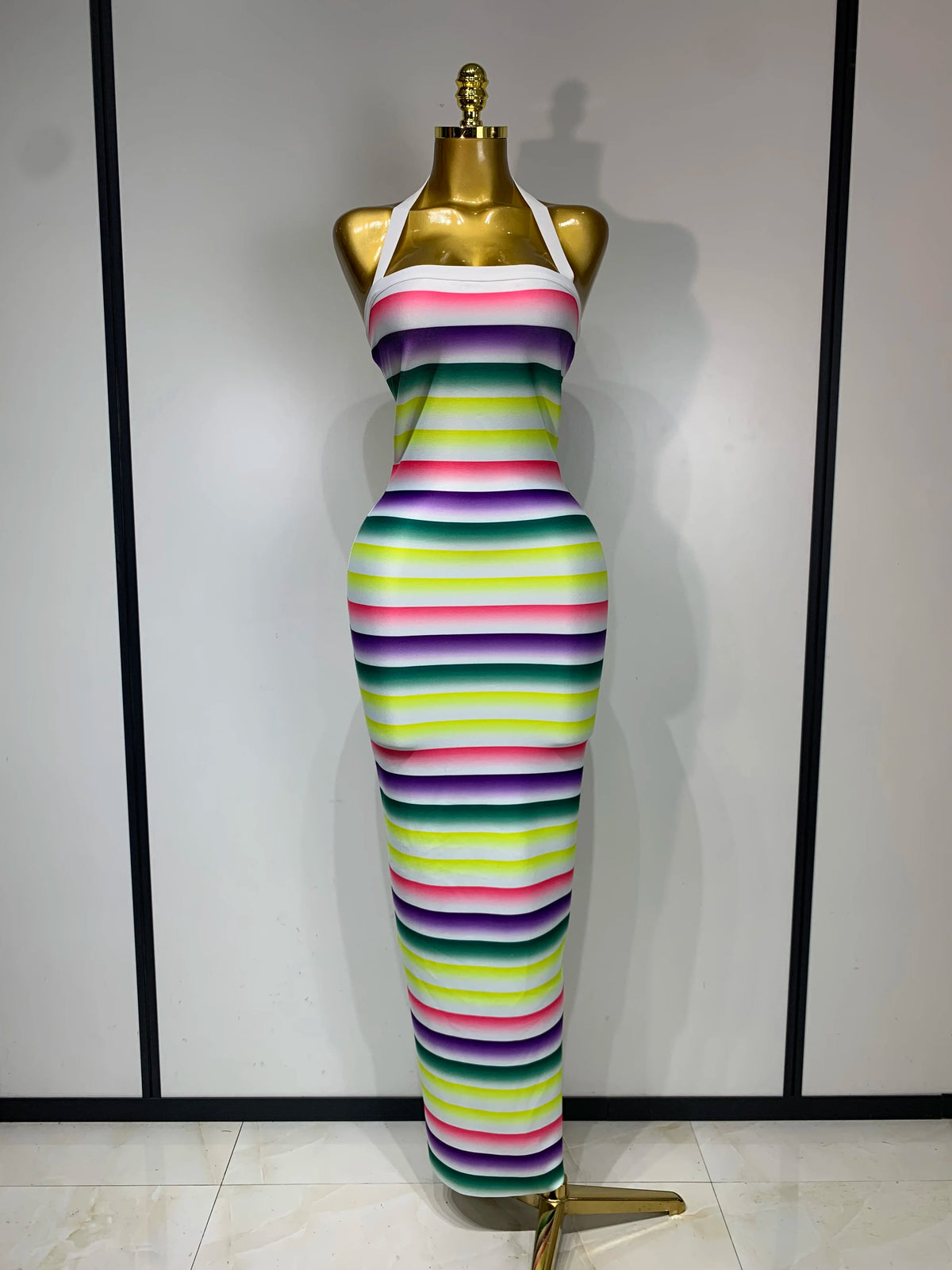 Women Sexy Halter Backless Colorful Bodycon Maxi Long Bandage Dress Nightclub Evening Party Celebrate Birthday Fashion Clothing