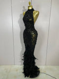 Luxury Sparkly Red Rhinestones Feather Sexy Mesh See Through Long Dress Women Birthday Evening Nightclub DJ Dancer Stage Costume