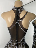 Sparkly Rhinestone Shining Women Sexy Bodycon See Through Irregular Hem Mini Dress Birthday Party Performance Costume