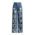 Fashion Women Jeans High Waist Heart Connectivity Contrast Color Hollow Out Straight Denim Pants 2024 New