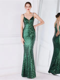 Women Spaghetti Strap Party Maxi Dress Sexy V Neck Evening Green Sequin Dress Elegant Long Prom Dress Vestido Longo