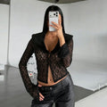 Patchwork Fur Collar Lace t-Shirt Women See Through Single-Breasted Full Sleeve v-Neck Skinny Sexy Midnight Crop Tops