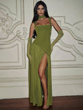 Elegant Ribbon Corset Long Dress For Women Slip Slit Maxi Dresses Evening Bridesmaid Wedding Guest Olive Green Black Cocktail
