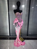 Skyblue Pink Women Sexy Strapless Shining Rhinestones Mesh Bodycon Mermaid Dress Celebrate Birthday Party Cocktail Outfit