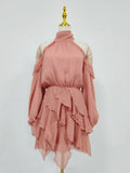 Off The Shoulder Short Dress Female Stand Collar Long Sleeve Ruched Waist Ruffles Dresses for Elegant Retro Date