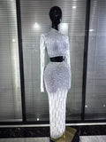 Sparkly Rhinestones Women Long Sleeve Mesh See Through 2 Pieces Bodycon Long Dress Nightclub Party Birthday Celebrate Outfit