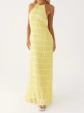 Fashion Backless Ruched Long Dress For Women Halter Lace Up Sexy Ruffle Dress Loose Female 2025 Summer New Vacation Dress
