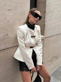 White Contrast Faux Leather Collar Blazer Women Buckle Belt Waist Slim Fit Long Sleeve Stand Neck Ins Party Fashion Outerwear