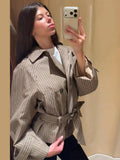 Vintage Plaid Belted Jackets Women Slim Full Sleeves Double-breasted Lapel Cropped Coats 2026 New Ladies Autumn Fashion Outwear