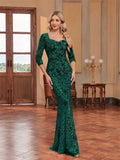Luxury Evening Dress Women Half Sleeve Mermaid Formal Sequin Prom Maxi Dress Elegant Wedding Party Cocktail Graduation Gown
