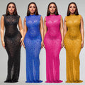 Fall Diamonds Hot Rhinestones O-neck Women Sleeveless Bodycon Long Dress Birthday Party Evening Prom Maxi Dresses
