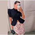 Lace Cutout Peplum Jacket Stand Collar Puff Sleeve Button Front Waist Cinched Outerwear 2026 Summer Fashion Lady Elegant Jacket