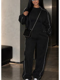 White Stripe 2 Piece Tracksuit Women Stand Collar Zip Jacket And Elastic Waist Wide Leg Pants Set Sporty Casual Matching Outfit