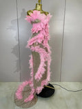 Women Evening Party Birthday Night Club PromGown Sexy Stage Wear Sparkly Sequins Pink Feather Mesh Sleeveless Mermaid Maxi Dres