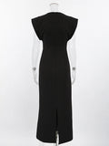 Black Loose Spliced Buttos Chic Dresses for Women O Neck Sleeveless Elegant Commute Dress Female Summer Fashion New