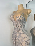 Sparkly Rhinestones Sleeveless Silver Long Dress For Women Sexy Mesh Transparent Evening Prom Birthday Gown Photo Shoot Wear