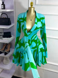 Women Tie Dye Print Flare Long Sleeve Wrap V-neck with Sashes Ruffle Dress 2026 Elegant Vacation Party Birthday Dresses