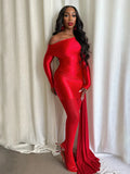 Sexy Christmas Dress Women Ruched Elegant Ribbon Irregular Full Sleeve Evening Skew Collar Skinny Peach Hip Bodycon