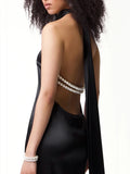 Elegant Solid Ribbon Women Halter Dress Off Shoulder Pearl Chain Backless Slim Female Maxi Dresses Wedding Gowns Chic Lady Robe