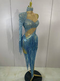 Sparkly Diamond Blue Rhinestone Mesh One Shoulder Tassel Dress Sexy Eveing Party Bar Nightclub Stage Costume Latin Dance Outfits
