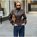 Fashion Women's Cropped Jacket Coat Faux Leather Stand Collar Long Sleeve Biker Style PU Leather Coats Streetwear Outerwear Top