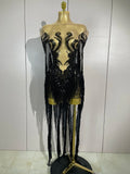 Sexy Black Rhinestones Sequins Tassel With Cape Mesh Transparent Dress Women Evening Birthday Party Nightclub Dance Stage Outfit