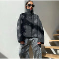 Solid Spliced Diamonds Loose Jackets for Women Stand Neck Long Sleeve Patchwork Pockets Coat Female New