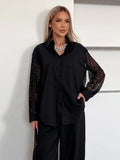 Office Spliced Back Sheer Hollow Blouse for Women Lapel Long Sleeve Patchwork Single Breasted Shirt Female 2026 New