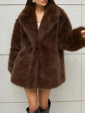 Luxury Faux Fur Shawl Lapel Midi Coat for Women Long Sleeve PU Leather Tie Waist Belt for Winter Daily Party Going Out Wear