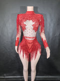 Sexy Skinny Leotard Singer Dancer Show StageWear Sparkly Blue Rhinestones Women DanceCostume Fringes One Shoulder Bodysuit  7G