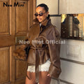 Luxury Design Brown Belted Faux Leather Jacket Woman Autumn Trench Coat Iconic Blogger Motorcycle PU Leather Outerwear