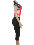 Floral Print Lace-Up Hollow Stand Collar Short Sleeve T-Shirts+Skinny Wrap Hip Crop Pants Woman Sexy Fashion Suits