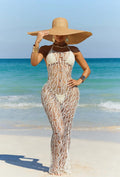 Women's Swimsuit Coverup Crochet Bikini Cover Ups Hollow Out Net Halter Sleeveless Swimwear for Beach 3 Pieces Long Dress