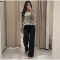 Spliced Lace Hem Jacket Elegant Long Sleeve V-neck Waisted Contrast Lace Bottom Design Casual Coat Autumn Fashion Retro Jackets