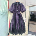 Spotted Print Shirt Maxi Dress for Women Puff Sleeve Point Collar Self Tie Sash Waistband Lace Hem Patchwork Mesh Overlay