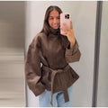 Women Suede Jacket Stand Collar Asymmetric Button Belted Waist Peplum Hem Long Sleeve Loose Retro Casual Outerwear Fashion Coat