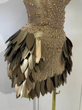 Women Sexy Strapless Mesh See Through Mini Dress Luxury Diamonds Leaf Birthday Evening Party PhotoShoot Nightclub Stage Costume