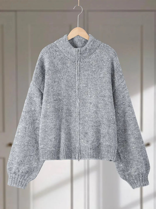 Women's Chic Sequin Knitted Cardigan Solid Stand Neck Double Zipper Sweater Oversized Knitwear Winter Female Elegant Cardigans