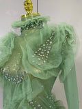 Sexy Mesh Ruffled Sparkly Rhinestones Long Sleeves See Through Mini Dress Women Eveing Party Birthday Dance Nightclub Stage Wear