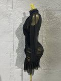 Madam Elegant See-Through Tulle Mesh High Halter Cross Twisted Waist Cut Out RuchedMini Dress Flared Cuff Ruffle Night OutOutfit